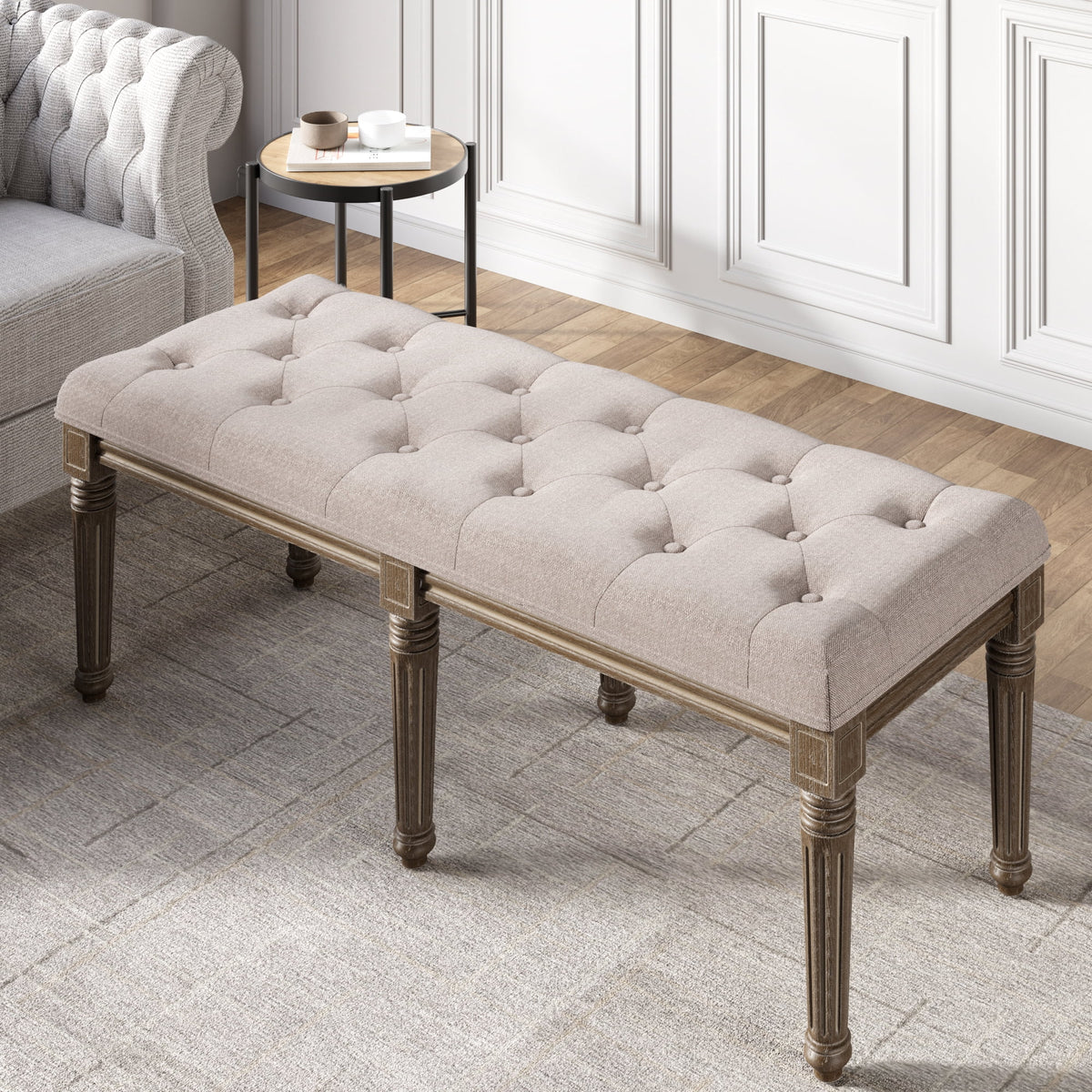 Upholstered Button Tufted Cushion Seat Bench with Carved Wooden Legs D356