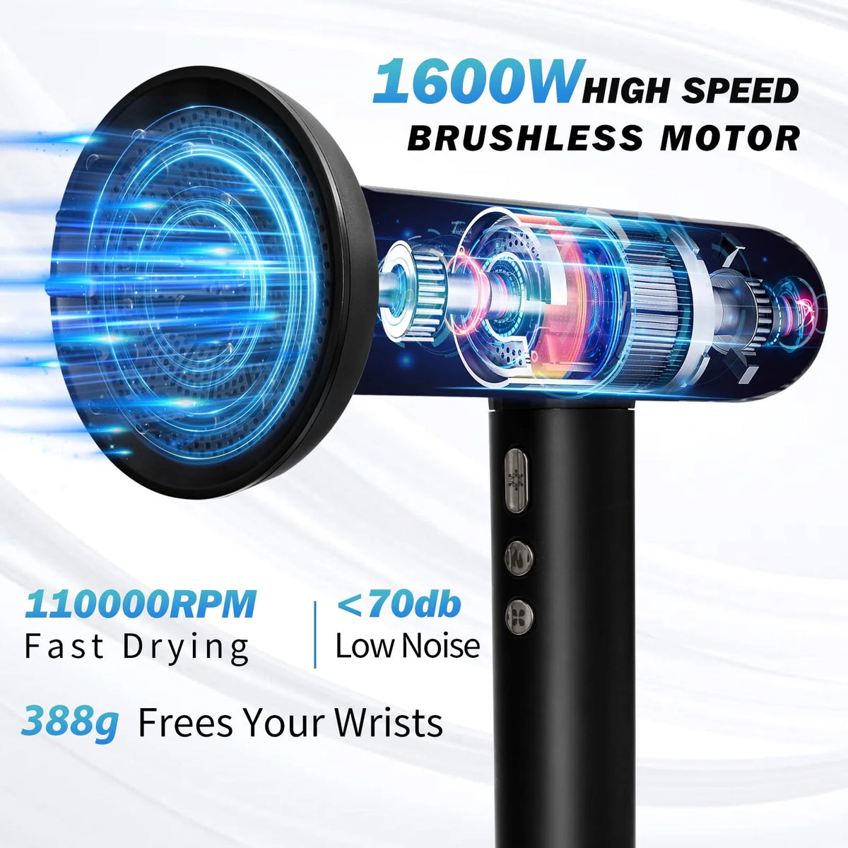 Black 1600W High-Speed Ionic Hair Dryer K7393