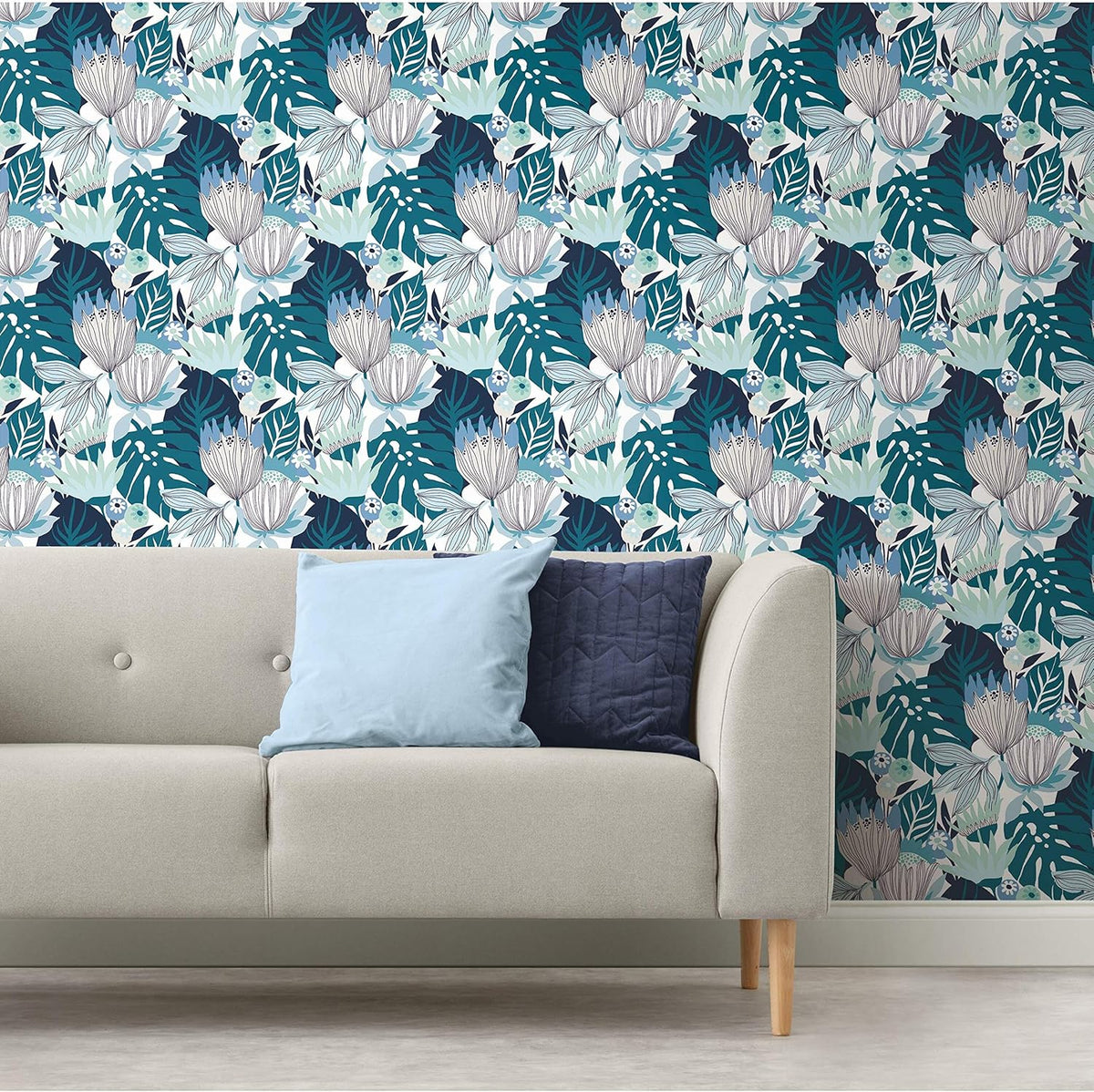 Pink and Green Retro Tropical Leaves Peel and Stick Wallpaper R1263