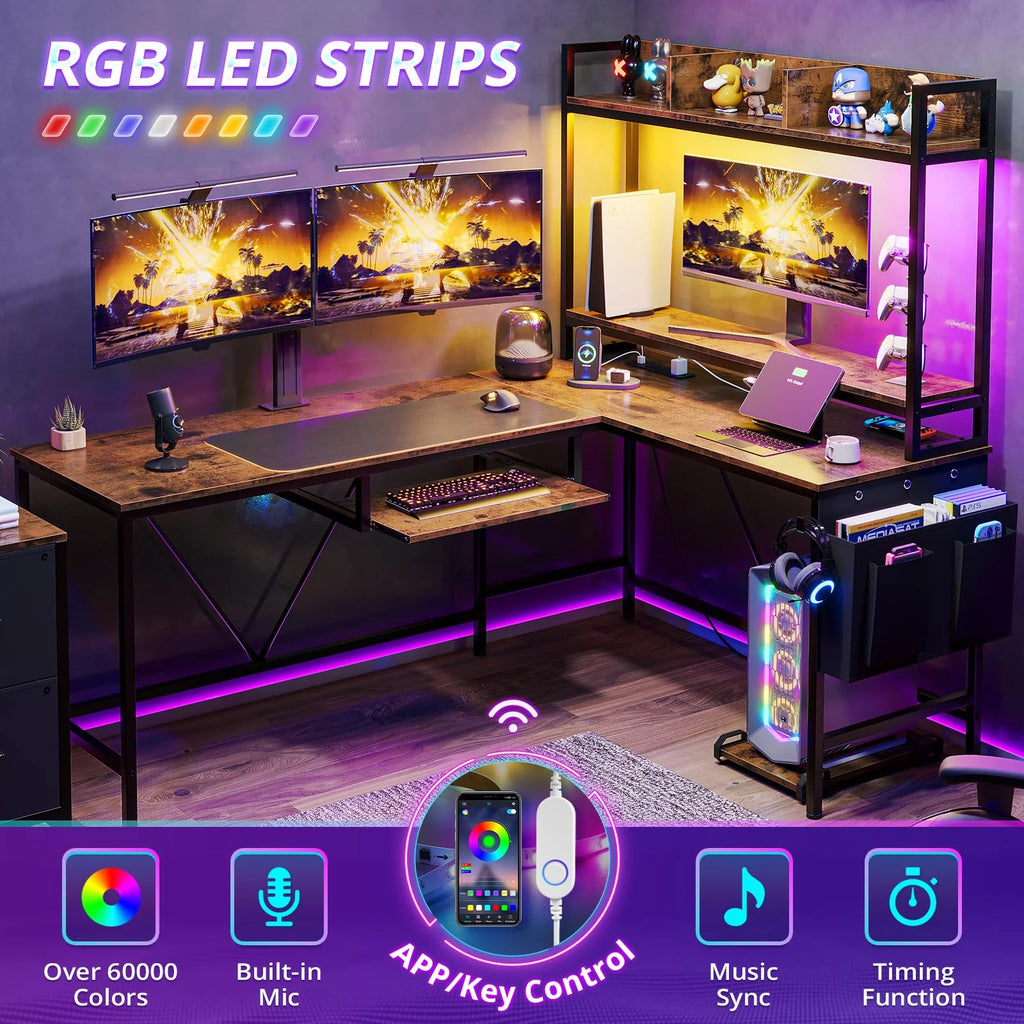 L Shaped Computer Desk with Power Outlet and Led Strip N2680
