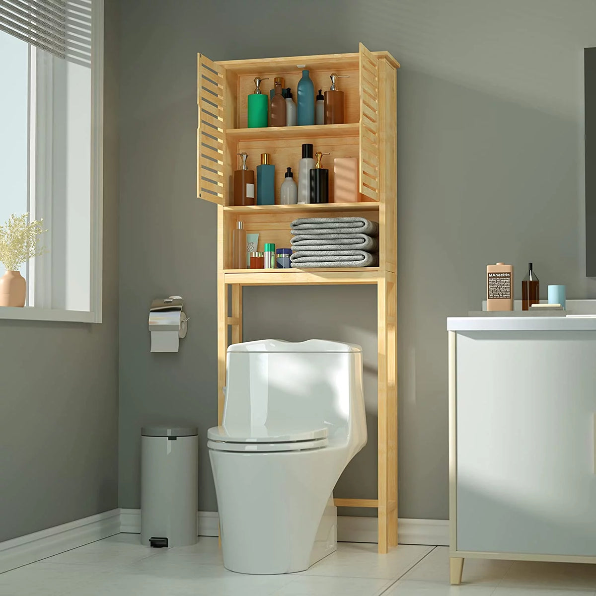 Bamboo Over-The-Toilet Storage Cabinet with Shelf and Cupboard S6792
