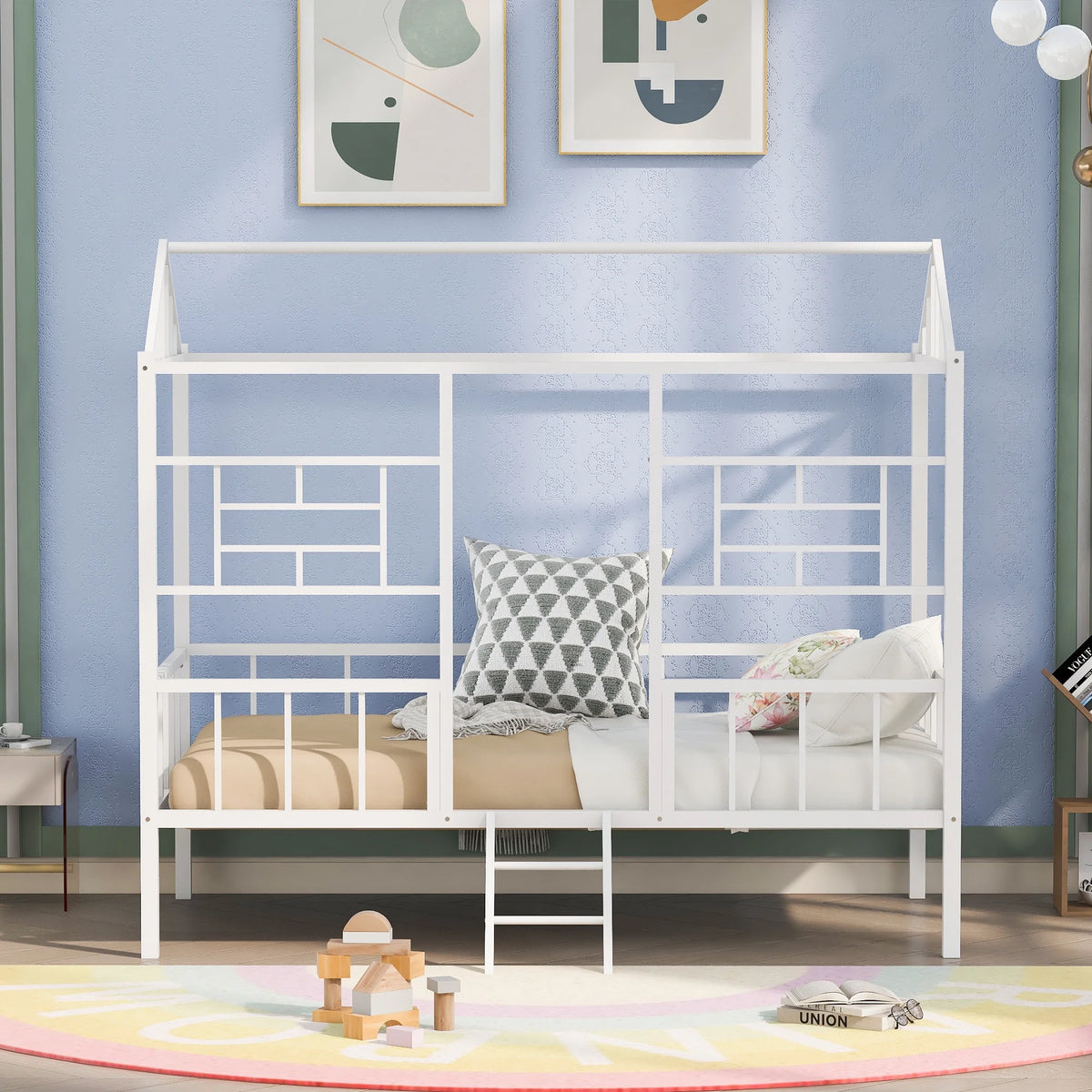 White Twin Size Metal House Bed with Guardrail and Ladder Q284