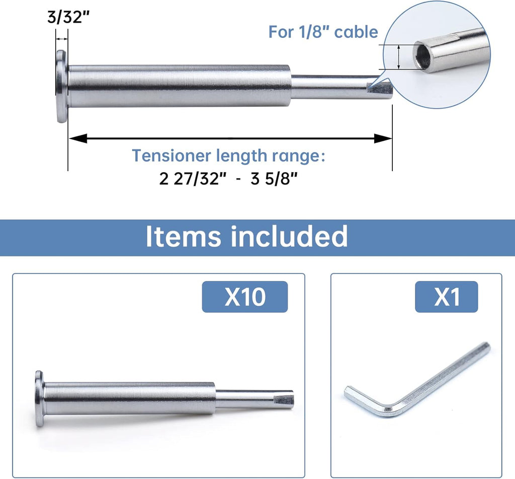 10Pack Cable Railing Kit Invisible 1/8" T316 Stainless Steel Swage Tensioner for Wood Metal Post Deck Stairs L99684