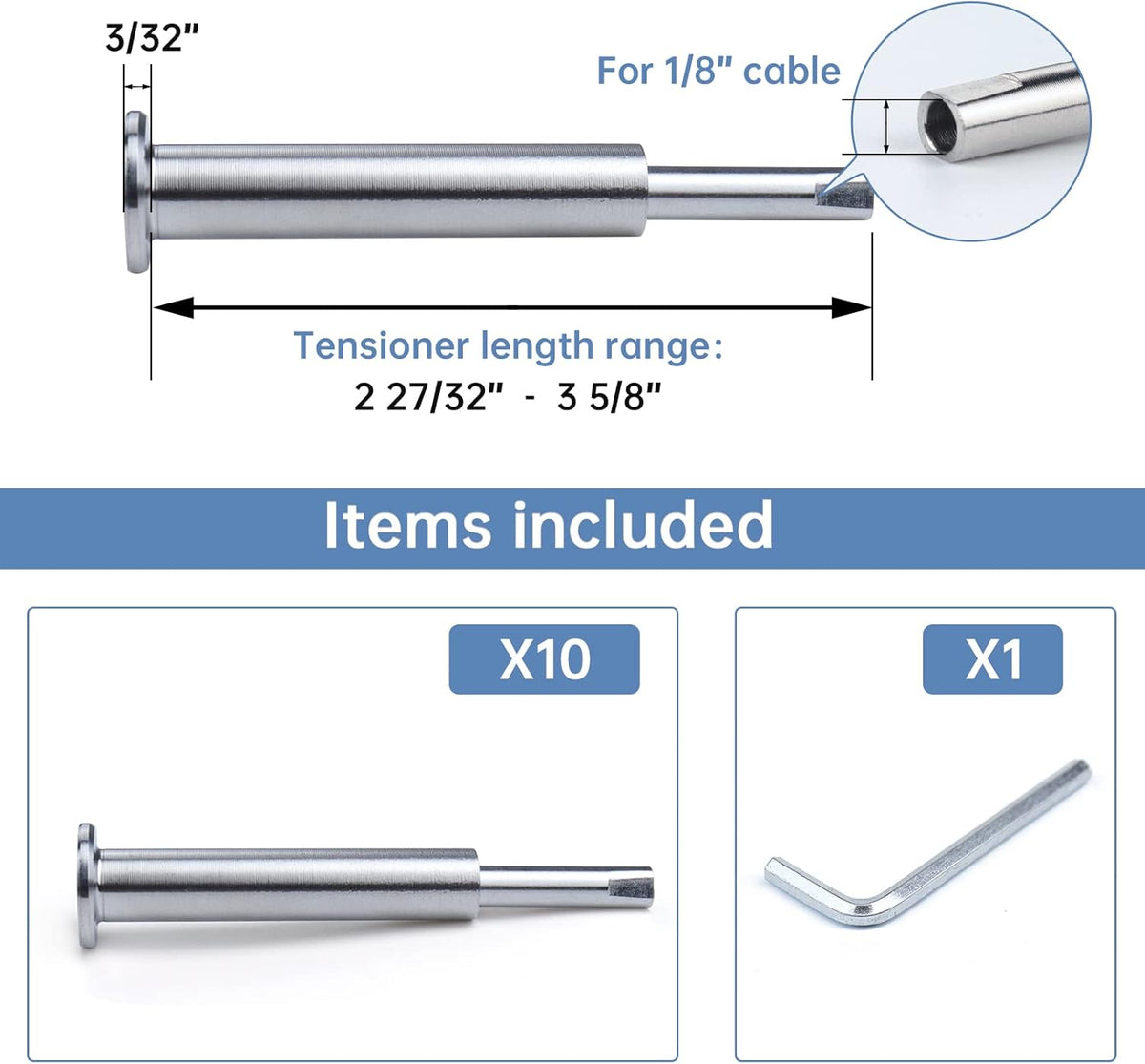 10Pack Cable Railing Kit Invisible 1/8" T316 Stainless Steel Swage Tensioner for Wood Metal Post Deck Stairs L99684