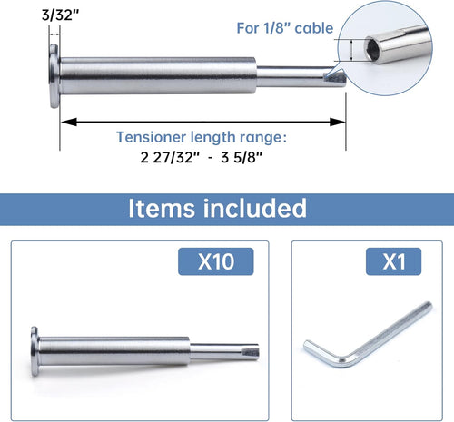 10Pack Cable Railing Kit Invisible 1/8" T316 Stainless Steel Swage Tensioner for Wood Metal Post Deck Stairs L99684
