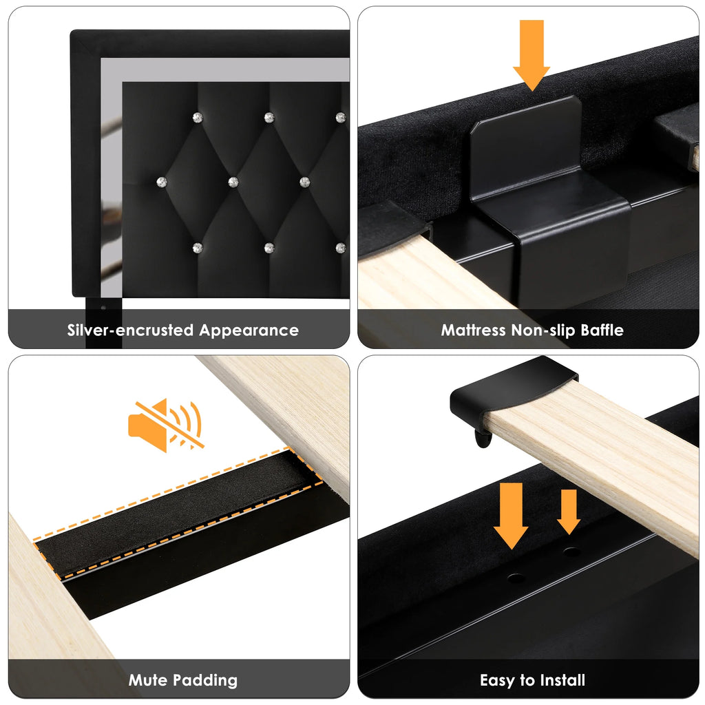 Full Size Storage Bed with 4 Drawers, Black Upholstered Platform Bed Frame with Adjustable Headboard F93927