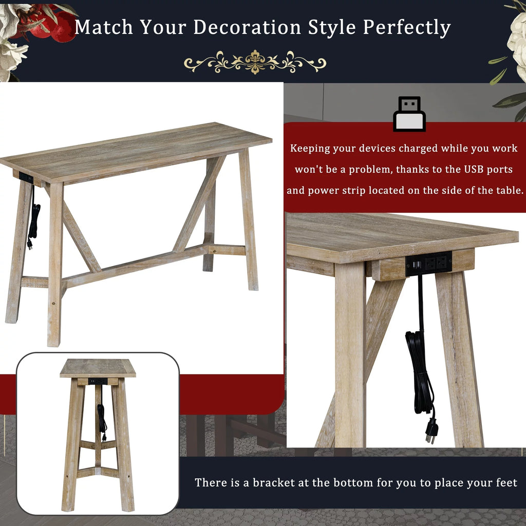 Natural Wood Wash Kitchen Bar Table Set with Upholstered Stools B44347