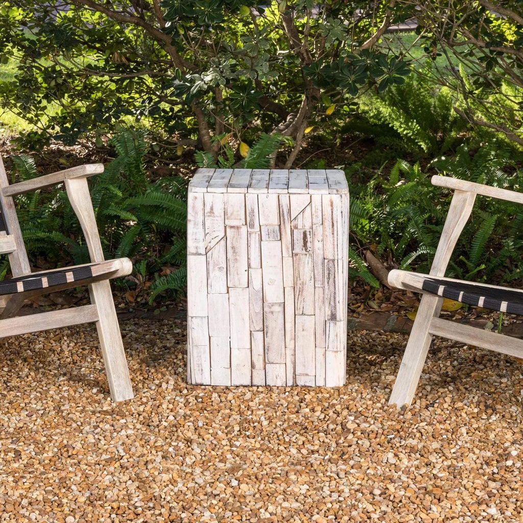 White-Washed Recycled Wood Stool End Table L4919