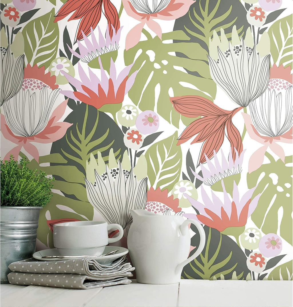 Pink and Green Retro Tropical Leaves Peel and Stick Wallpaper R1263