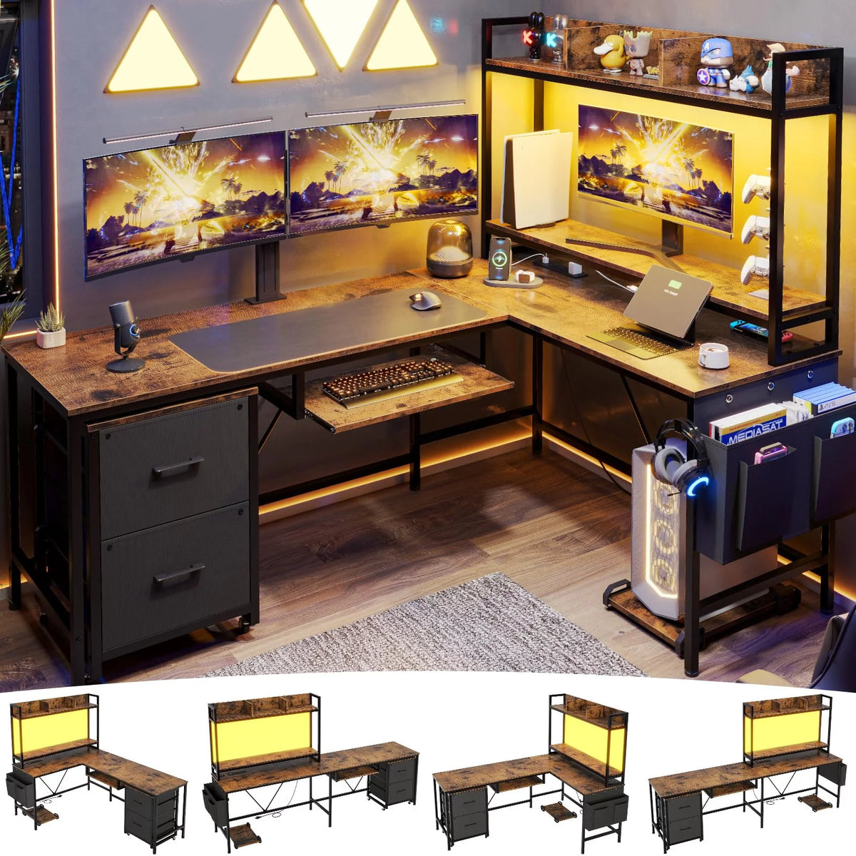 L Shaped Computer Desk with Power Outlet and Led Strip N2680