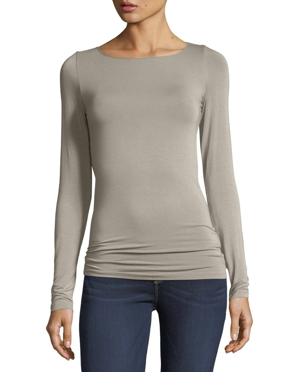 Soft Touch Marrow-Edge Long-Sleeve Top Stone W234688