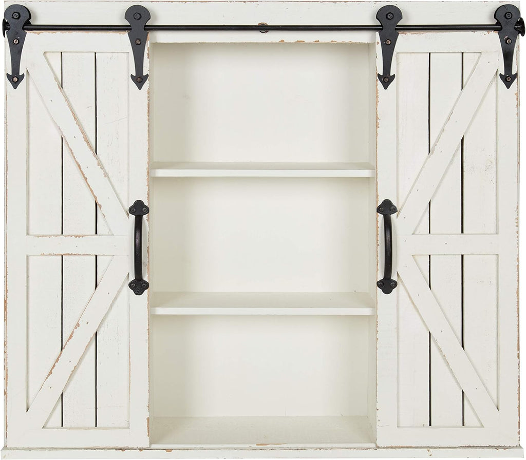 Rustic White Wood Wall Storage Cabinet with Two Sliding Barn Doors K676921