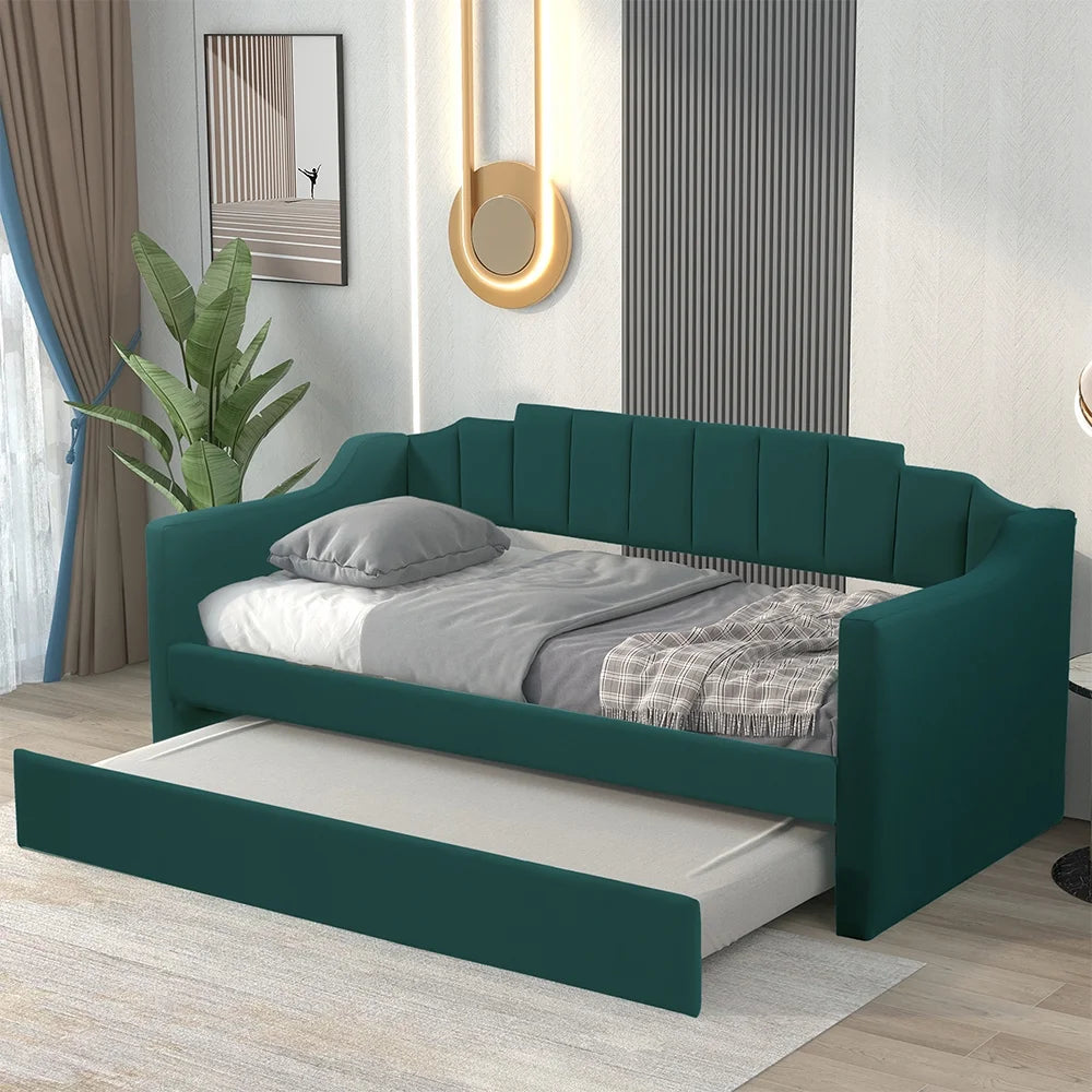 Green Fabric Upholstered Wooden Daybed with Trundle P2905
