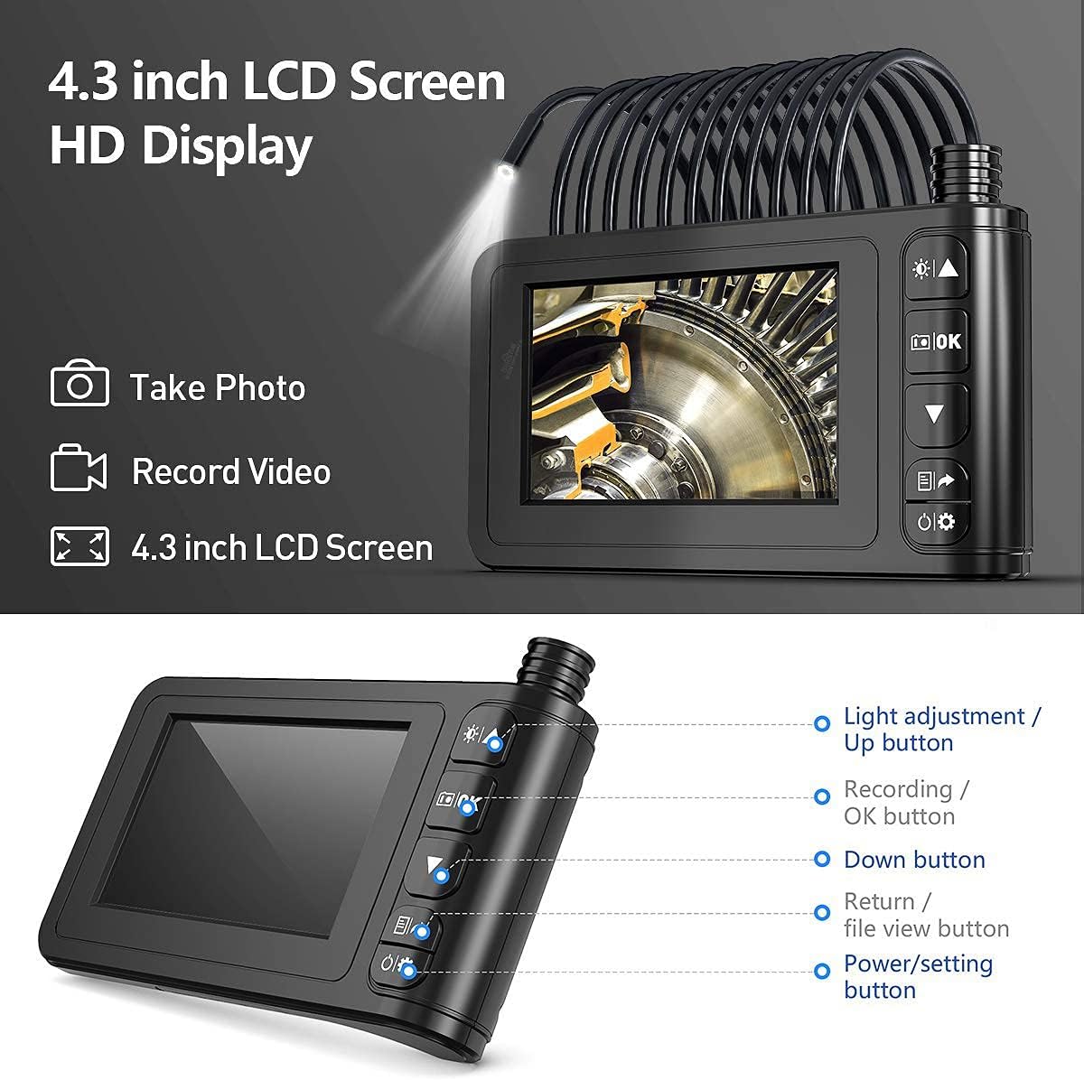 Industrial Endoscope 33FT, IP67 Waterproof 4.3 LCD Screen HD Snake Camera with 6 LED Lights, Semi-Rigid Cable B622
