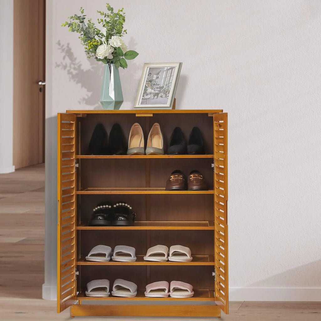 Brown 5 Tier Bamboo Shoe Storage Cabinet with Shutter Doors P152
