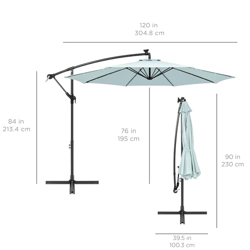 10ft Solar LED Offset Hanging Patio Umbrella with Easy Tilt Adjustment, Polyester Shade, 8 Ribs - Black U544