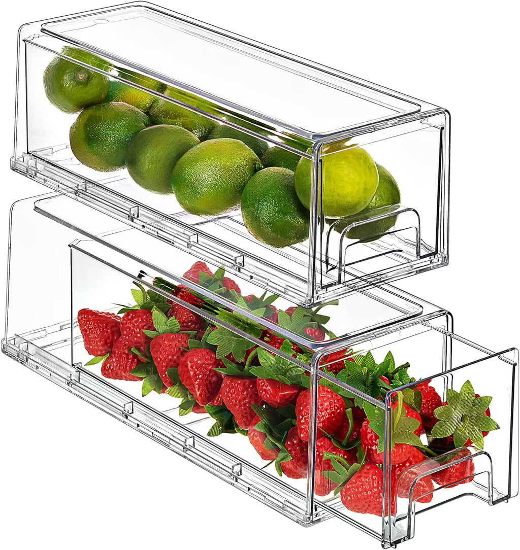 Clear Stackable Pull Out Refrigerator Organizer Bins (2 Pack | Small Wide) I545