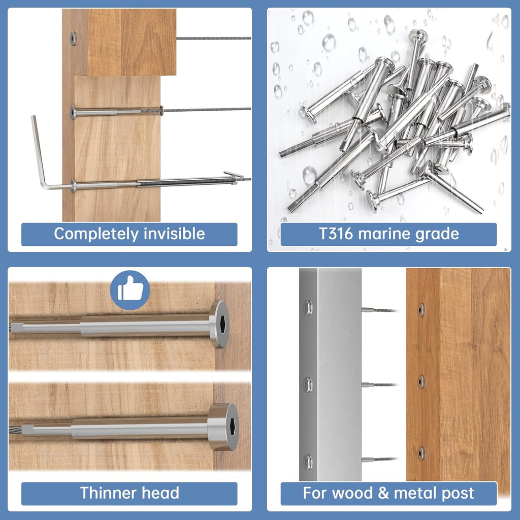 10Pack Cable Railing Kit Invisible 1/8" T316 Stainless Steel Swage Tensioner for Wood Metal Post Deck Stairs L99684
