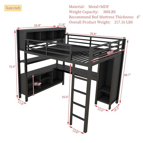 Metal Full Size Loft Bed Frame with L Shaped Desk, Wardrobe, Stairs, Storage J5037