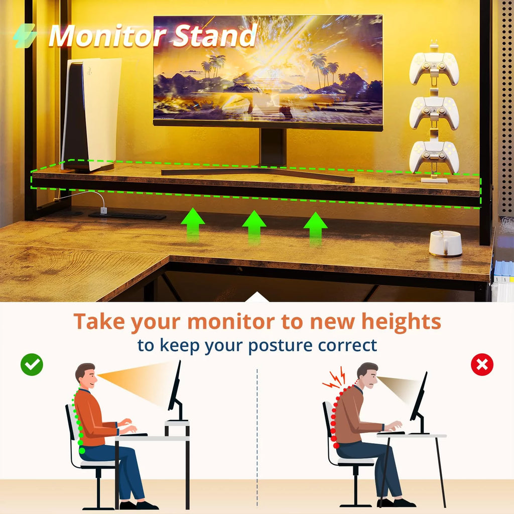 L Shaped Computer Desk with Power Outlet and Led Strip N2680