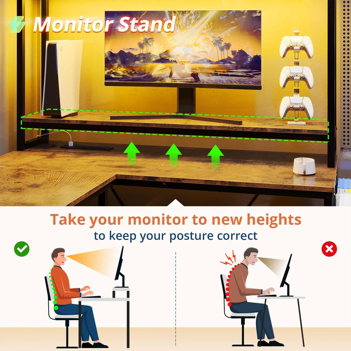 L Shaped Computer Desk with Power Outlet and Led Strip N2680