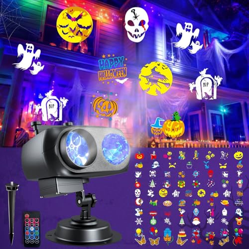 Halloween Projector Lights Outdoor, 2-in-1 HD Holiday Light Projector with Remote Control & Timer, IP65 Waterproof, 10 Slides & 10 Colors Ocean Wave Effects for Yard, Garden, House, Xmas Decorations A495