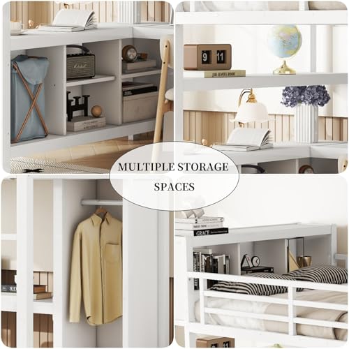 Metal Full Size Loft Bed Frame with L Shaped Desk, Wardrobe, Stairs, Storage J5037