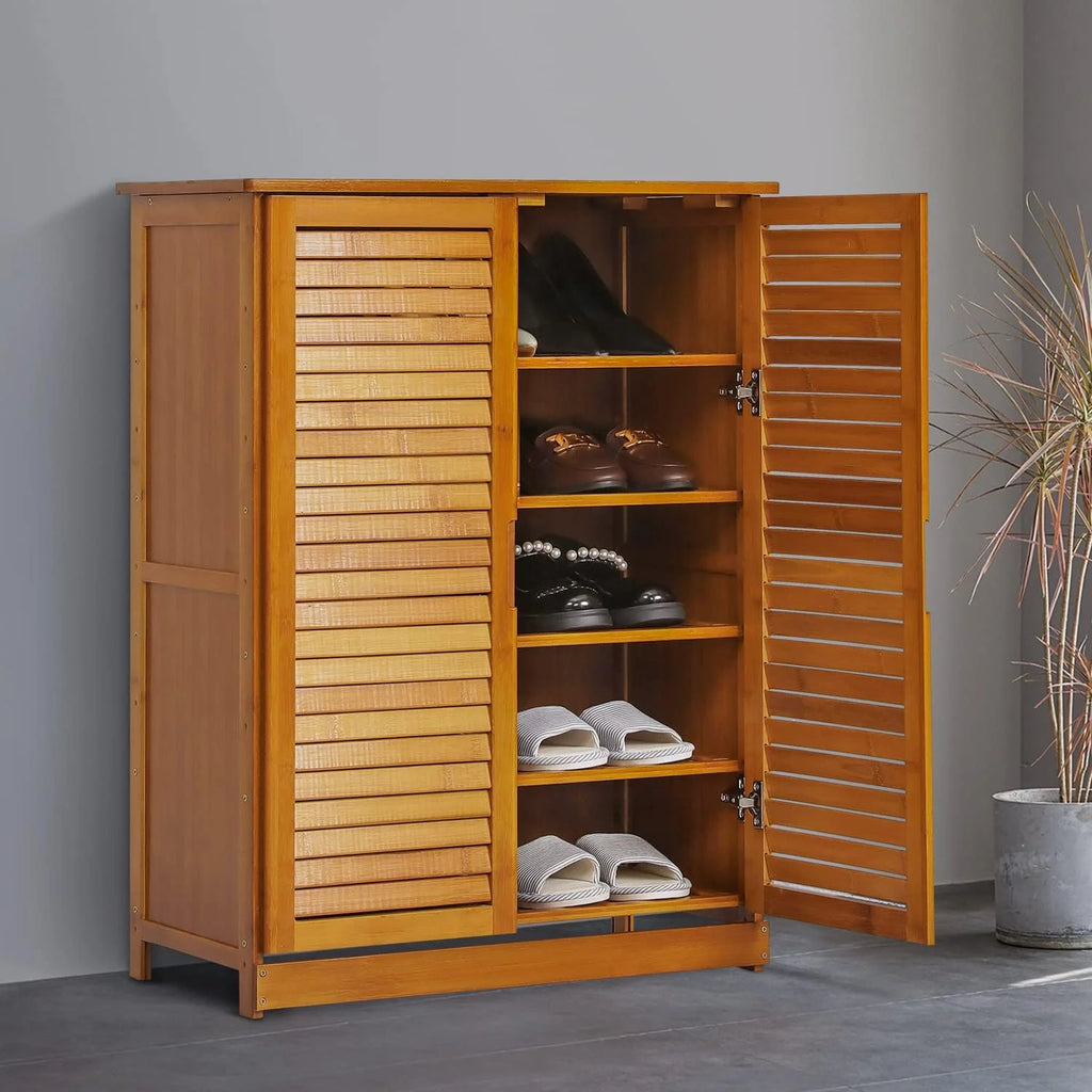 Brown 5 Tier Bamboo Shoe Storage Cabinet with Shutter Doors P152